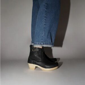 No. 6 CLOG BOOTS. 5" Leather Clog Buckle Boot on Mid Heel in Black